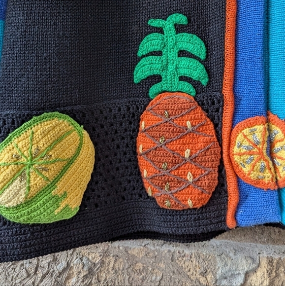 Vintage 80s Berek2 Tropical Fruit Citrus Cardigan Sweater Size Medium - Picture 3 of 8
